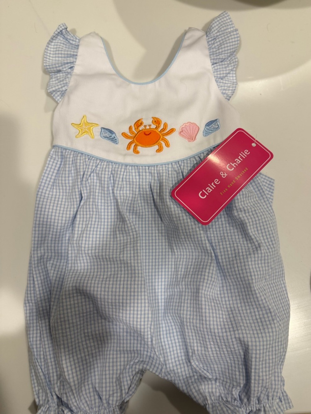 NWT Claire & Charlie Blue Gingham Baby Romper with Crab Embroidery